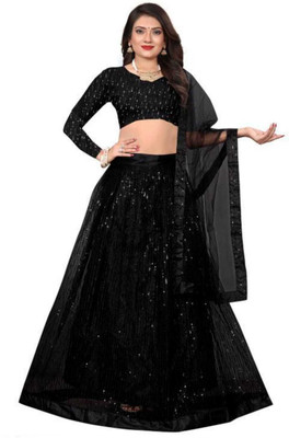 sibyl creation Embellished Semi Stitched Lehenga Choli(Black)