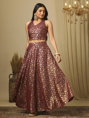 Globus Floral Print Stitched Lehenga & Crop Top(Maroon)