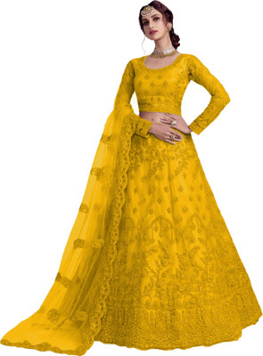 PATDOM Embroidered Semi Stitched Lehenga Choli(Yellow)
