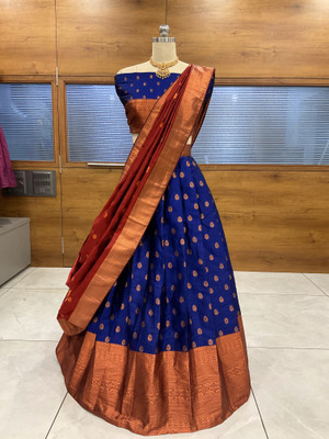 HOUSE OF COMMON Printed Semi Stitched Lehenga Choli(Blue, Red)