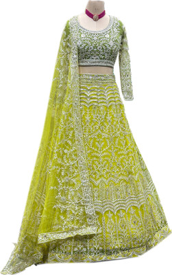 AWLFAB Embroidered Semi Stitched Lehenga Choli(Green)