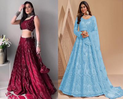 Reelove Factory Embroidered Semi Stitched Lehenga Choli(Maroon, Light Blue)