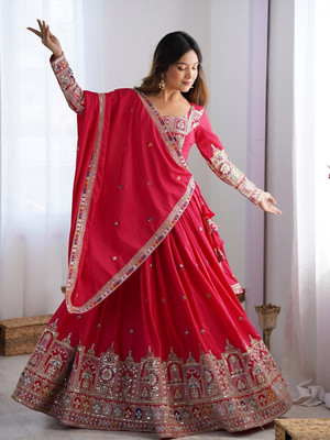 Cute Fellow Embroidered Semi Stitched Lehenga Choli(Red)