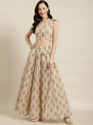 kaizen texo fab Floral Print Semi Stitched Lehenga Choli(Beige)