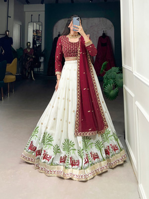 KRISHU ETHNICS Embroidered Semi Stitched Lehenga Choli(White)