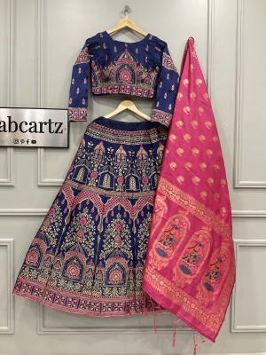 Fabcartz Self Design Semi Stitched Lehenga Choli(Dark Blue, Pink)