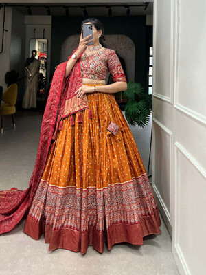 krishaa creation Bandhani Semi Stitched Lehenga Choli(Yellow)