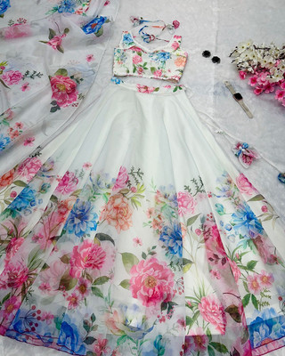 PuriMaa Floral Print Semi Stitched Lehenga Choli(White)