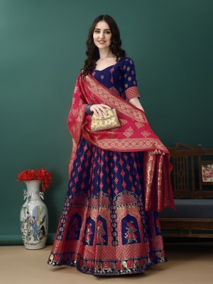 SWAMI STUDIO Self Design Semi Stitched Lehenga Choli(Blue, Pink)