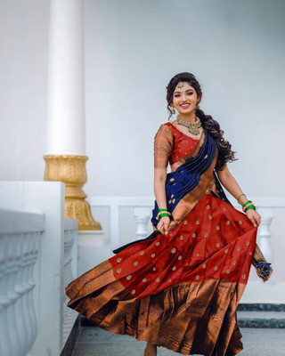 HOUSE OF COMMON Printed Semi Stitched Lehenga Choli(Red, Dark Blue)