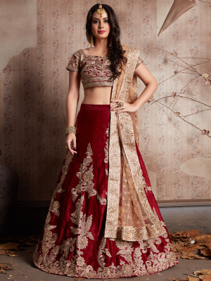 odette Embroidered Semi Stitched Lehenga Choli(Maroon)
