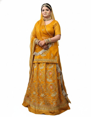Bhawani Collection Embroidered Semi Stitched Rajasthani Poshak(Yellow)
