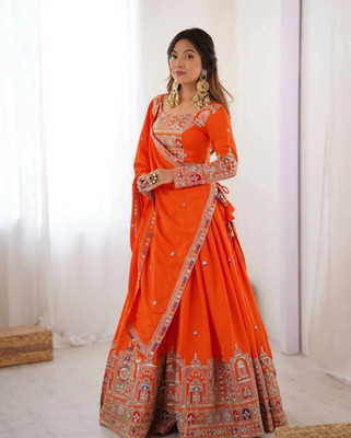 FOLKSHWEAR 21 Embroidered Semi Stitched Lehenga Choli(Orange)