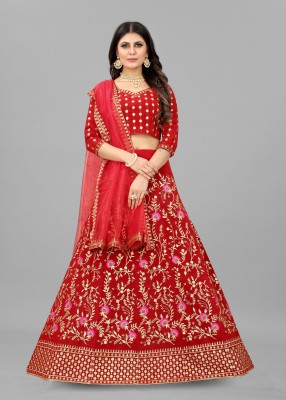 LADY SHOPI Embroidered Semi Stitched Lehenga Choli(Red)