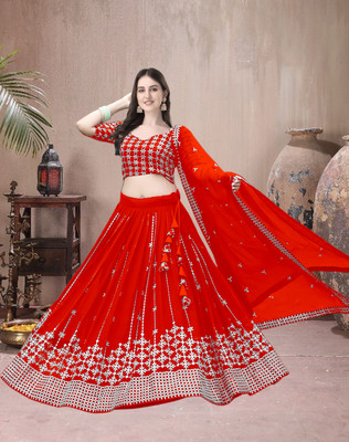F Plus fashion Embroidered Semi Stitched Lehenga Choli(Red)