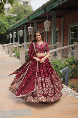 Om Creation Embroidered Semi Stitched Lehenga Choli(Maroon)