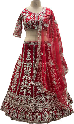 TEELFAB Embroidered Semi Stitched Lehenga Choli(Silver)