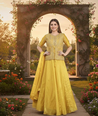 pinklaady Embroidered Stitched Lehenga & Crop Top(Yellow)