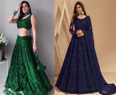 Udbhav Export Embroidered, Embellished Semi Stitched Lehenga Choli(Green, Blue)