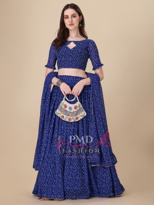PMD Fashion Bandhani, Printed, Geometric Print, Digital Print Semi Stitched Lehenga Choli(Blue)