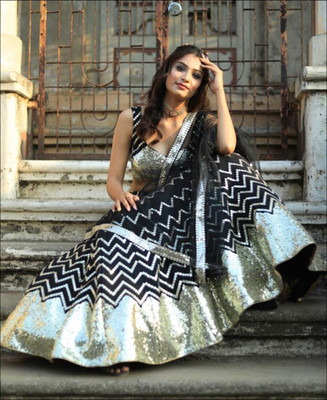 JOVTY Embroidered Semi Stitched Lehenga Choli(Black)