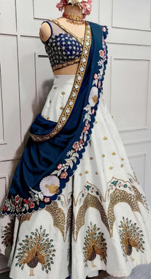 New Pooja Embroidered Semi Stitched Lehenga Choli(White)