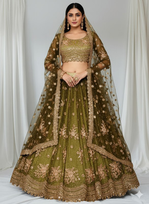 AASMA Embroidered, Floral Print, Self Design Semi Stitched Lehenga Choli(Green, Gold)
