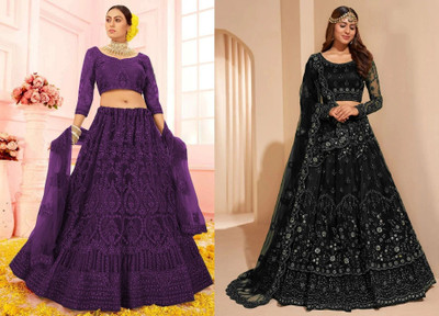 Udbhav Export Embroidered Semi Stitched Lehenga Choli(Purple, Black)