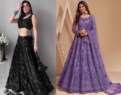 Reelove Factory Embellished Semi Stitched Lehenga Choli(Black, Purple)