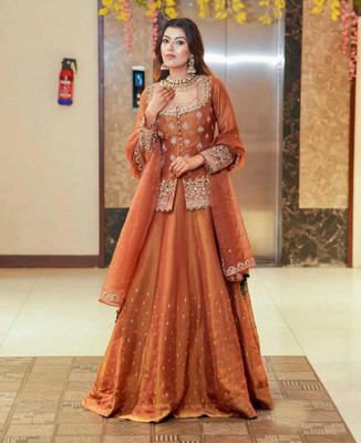 TILKI Embroidered Stitched Lehenga & Crop Top(Orange)