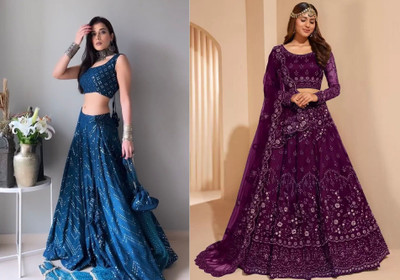 Cute Fellow Embroidered Semi Stitched Lehenga Choli(Blue, Purple)