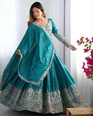 FOLKSHWEAR 21 Embroidered Semi Stitched Lehenga Choli(Light Blue)