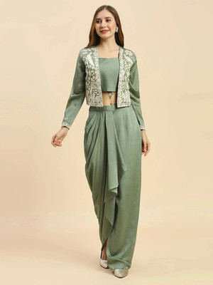 Madhuram Solid, Embroidered Stitched Lehenga Choli(Green)