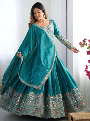 Om Creation Embroidered Semi Stitched Lehenga Choli(Light Blue)