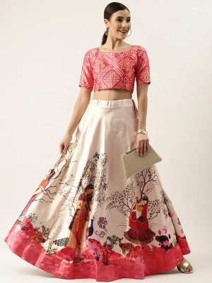 SEIKETSU Digital Print Semi Stitched Lehenga & Crop Top(Red)