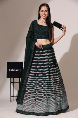 Fabcartz Embroidered Semi Stitched Lehenga Choli(Dark Green)