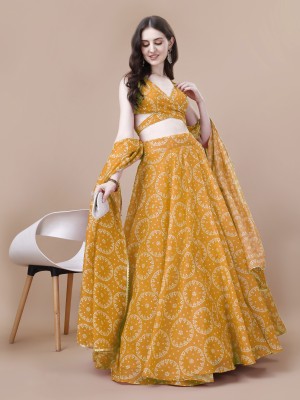 agnety Bandhani, Printed, Leheriya Semi Stitched Lehenga Choli(Yellow, White)