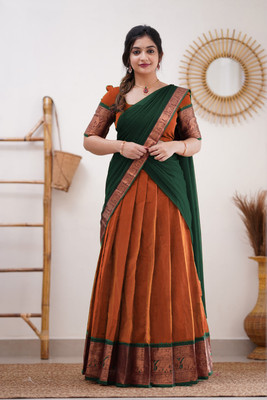 R K INFINITIVE Solid Semi Stitched Lehenga Choli(Orange, Green)