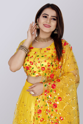 JAY KHODIYAR EMBROIDERY Embroidered Semi Stitched Lehenga Choli(Yellow)