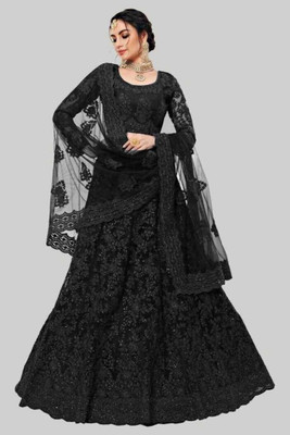 JANVI CREATION Embroidered Semi Stitched Lehenga Choli(Black)