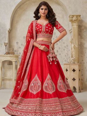 odette Solid Semi Stitched Lehenga Choli(Red)