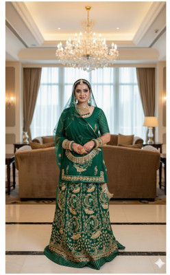 Shreemanji trading Embroidered Semi Stitched Rajasthani Poshak(Dark Green)