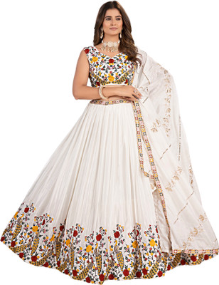 JINIMART Embroidered Semi Stitched Lehenga Choli(White)