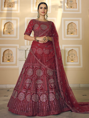 odette Embroidered Semi Stitched Lehenga Choli(Maroon)