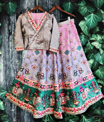 kaizen texo fab Digital Print Semi Stitched Lehenga & Crop Top(Grey)
