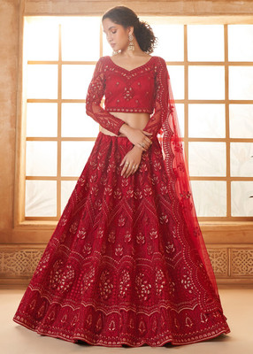 Udbhav Export Embroidered Semi Stitched Lehenga Choli(Red)