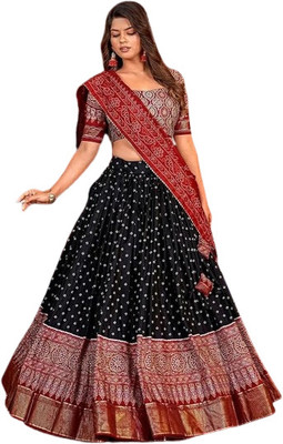 HEM SELLES Floral Print Semi Stitched Lehenga Choli(Black)