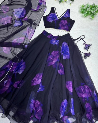 PuriMaa Floral Print Semi Stitched Lehenga Choli(Purple)