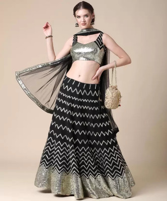 JANVI CREATION Solid, Embroidered, Embellished, Self Design Semi Stitched Lehenga Choli(Black)