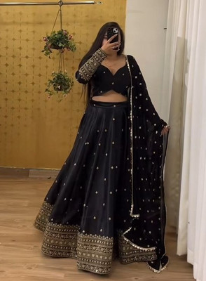 PEDR TRENDS Embroidered Semi Stitched Lehenga Choli(Black)